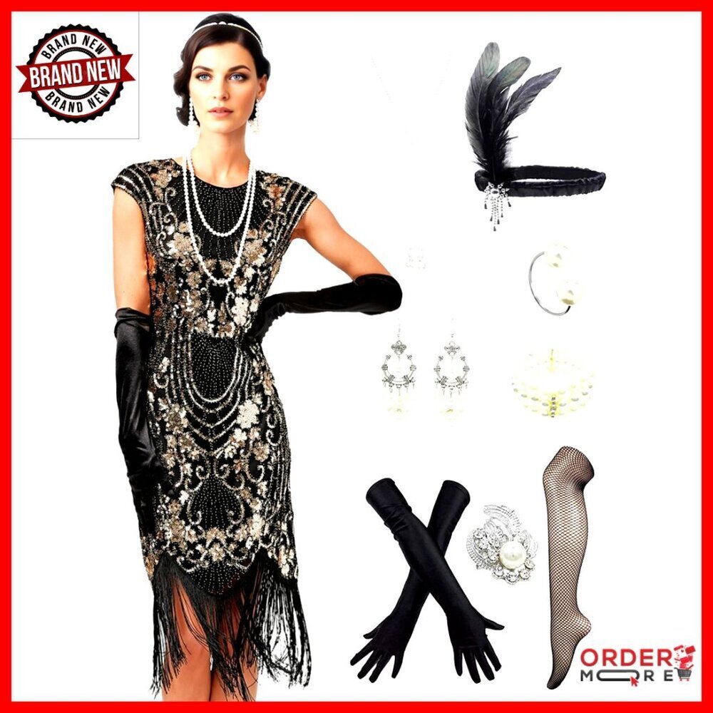 Sequin Fringe Flapper Dress with Accessories Set Gatsby Party Costume